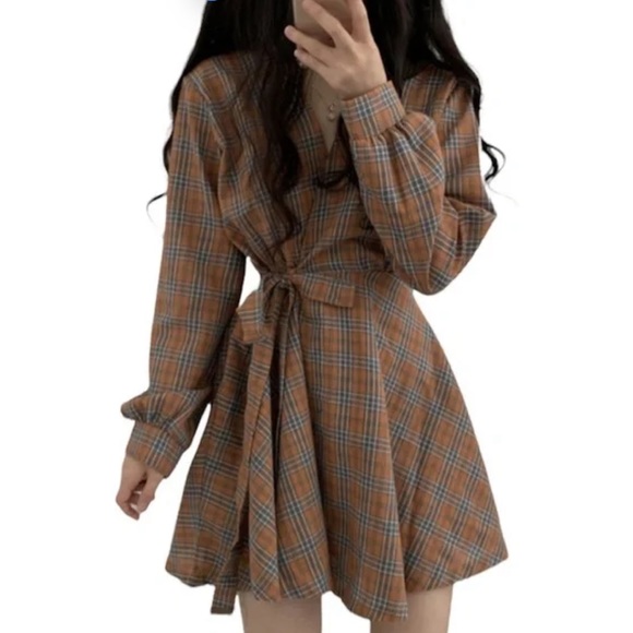 Dresses & Skirts - Preppy Plaid Wrap Skirt Tie Waist Long Sleeve V Neck Flowy Mini Dress Brown